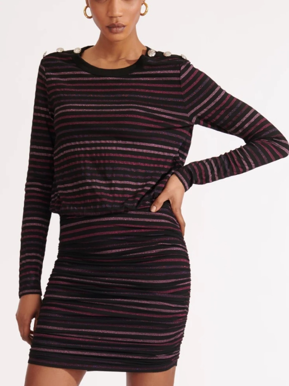 Veronica Beard Marcy Metallic Thread Striped Long-Sleeve Ruched Mini Dress ❤️❤️